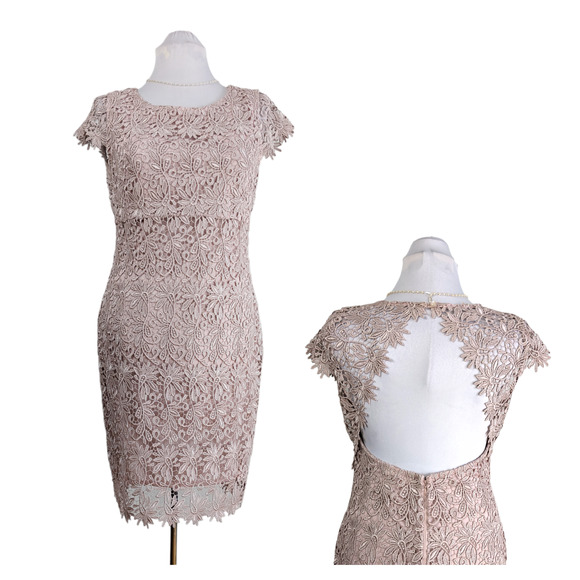 Vintage Sheath Dress Womens L Lace Overlay Neutral Evening Cocktail Short L - Picture 1 of 14